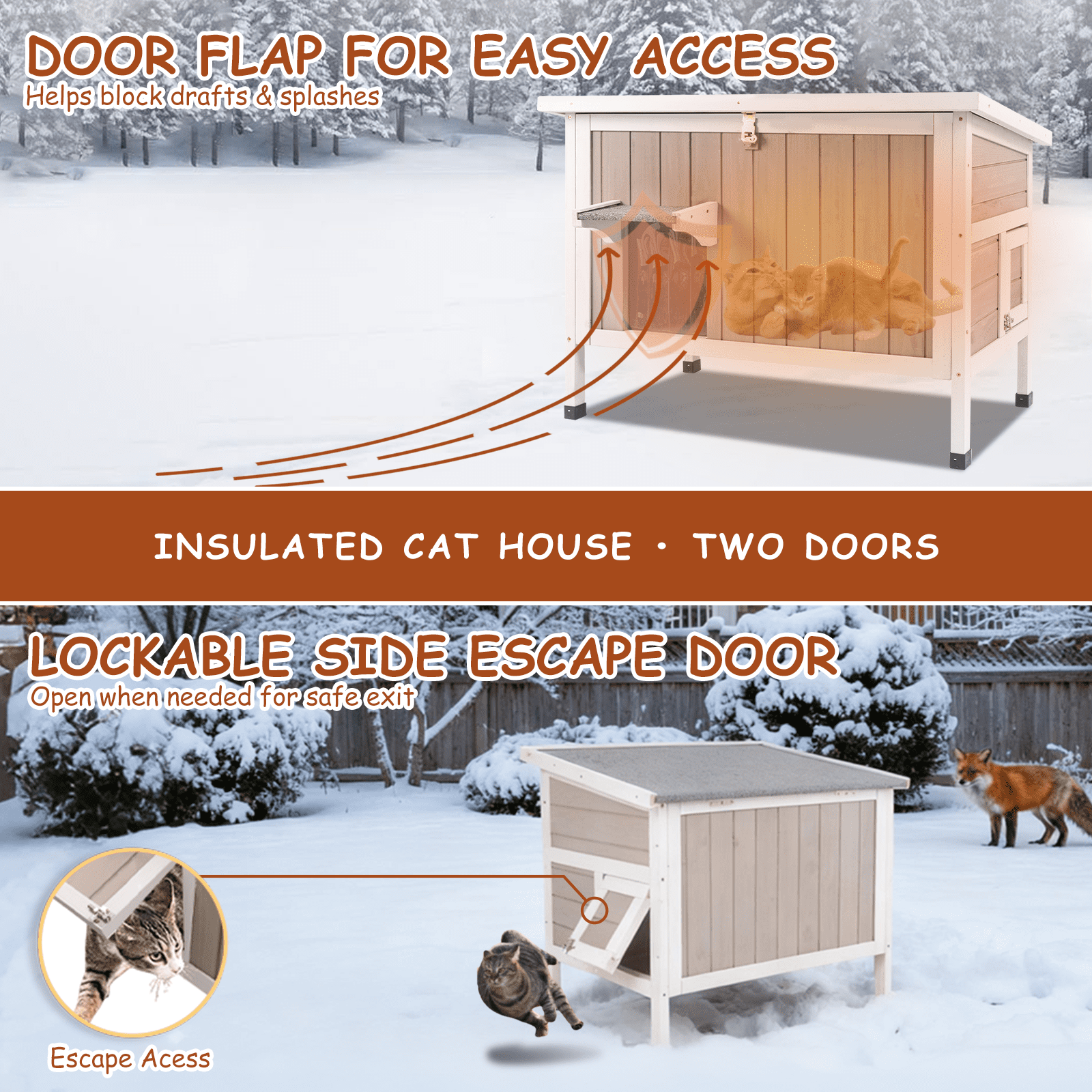 Gowoodhut Cat House Insulated Wooden Cat Shelter for Outdoor with Escape Door, Gray