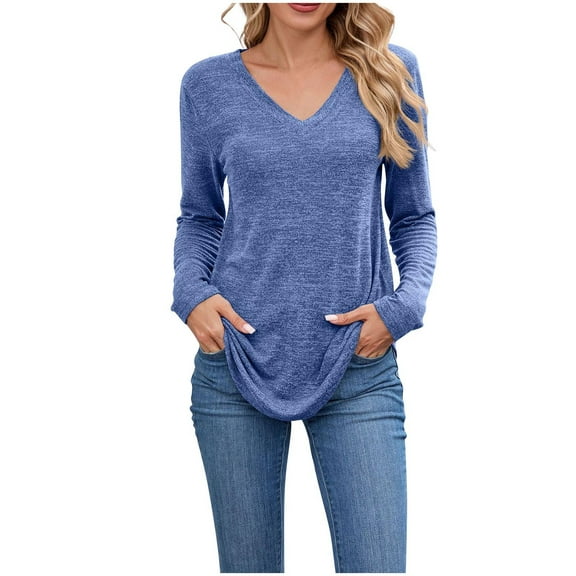 FAIWAD Womens Tops Casual V Neck Long Sleeve Solid Color Tshirts Fall Winter Lightweight Basic Loose Blouses