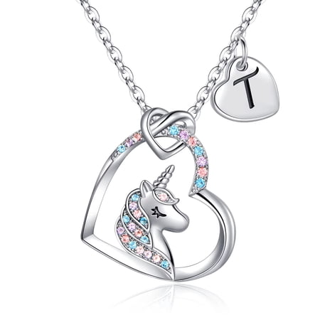 AUNOOL Unicorn Initial Necklaces for Women 14K White Gold Plated Colorful CZ Heart Pendant Unicorn Necklaces for Women Unicorn Jewelry Gifts