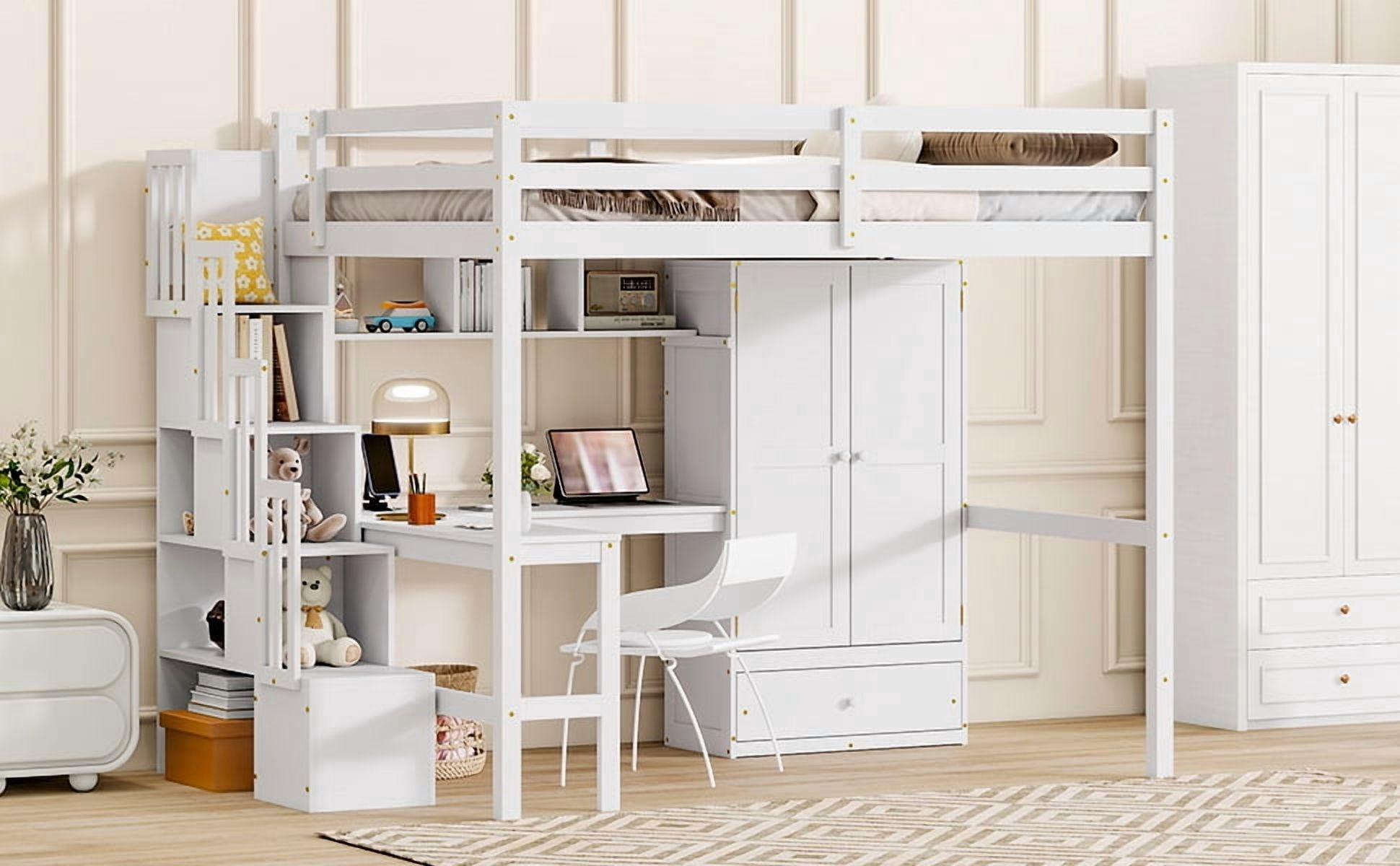 Mintazer Full Size Loft Bed with L-Shaped Desk & Wardrobe, Loft Bed with Storage Staircase & Charging Station, White