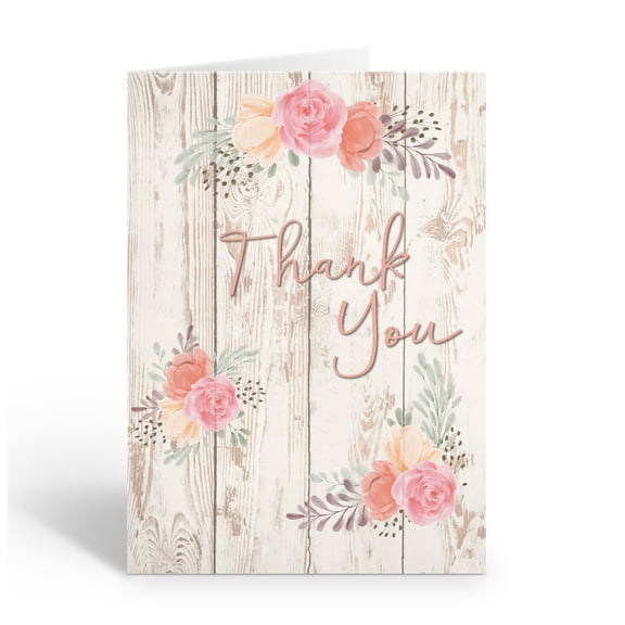 Rustic Pink Floral Thank You Note Card - 10 Note Cards with Envelopes - B14408