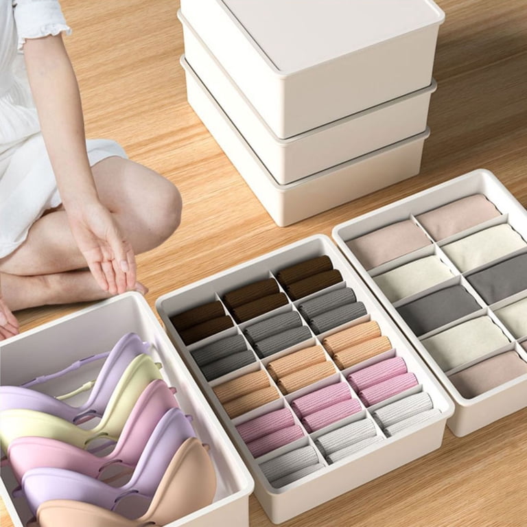Underwear Organizer Box with Lid, Drawer Organizer, Compartment Storage, White Plastic, for Socks Panties Bras, Closet Shelf Bedroom Organization, Space Saving Container