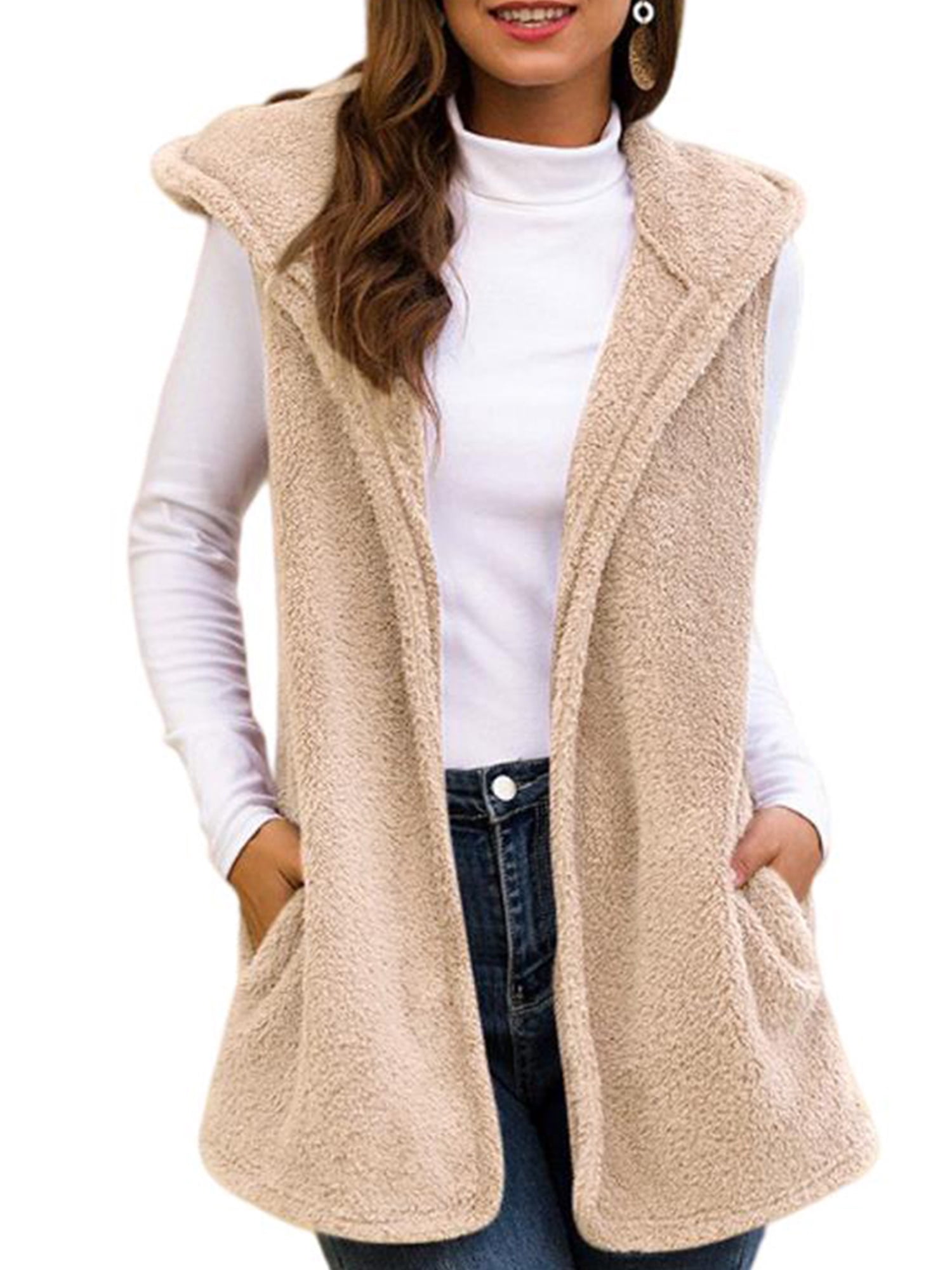 Eleluny Women Fleece Hooded Vest Waistcoat Coat Winter Solid Outwear