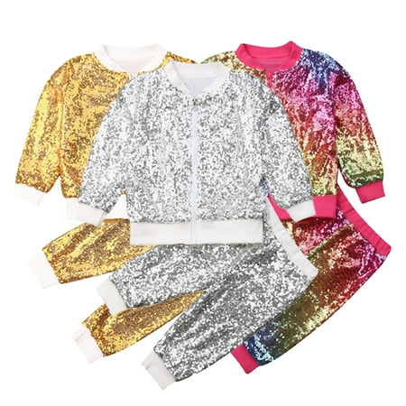 

KYAIGUO Toddler Kids Girls Spring Fall Clothes 2PCS Outfit Set Baby Standing Collar Sequin Jacket Long Pants Casual Sets Size 1-6 Years