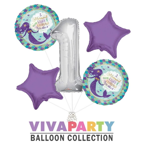 Mermaid Kisses and Starfish Wishes Round Balloon Bouquet 5 pc, 1st Birthday, Silver Number 1 Jumbo Balloon | Viva Party Balloon Collection