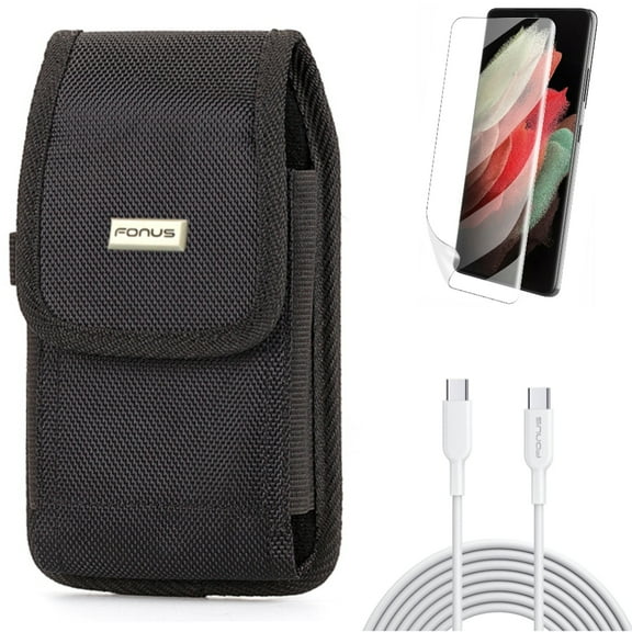 Matte Screen Protector w 6ft Long Type-C Cable w Case Belt Clip for Samsung Galaxy S21 Plus - TPU Film Anti-Glare, PD Fast Charger Cord Power, Rugged Holster Accessory Bundle