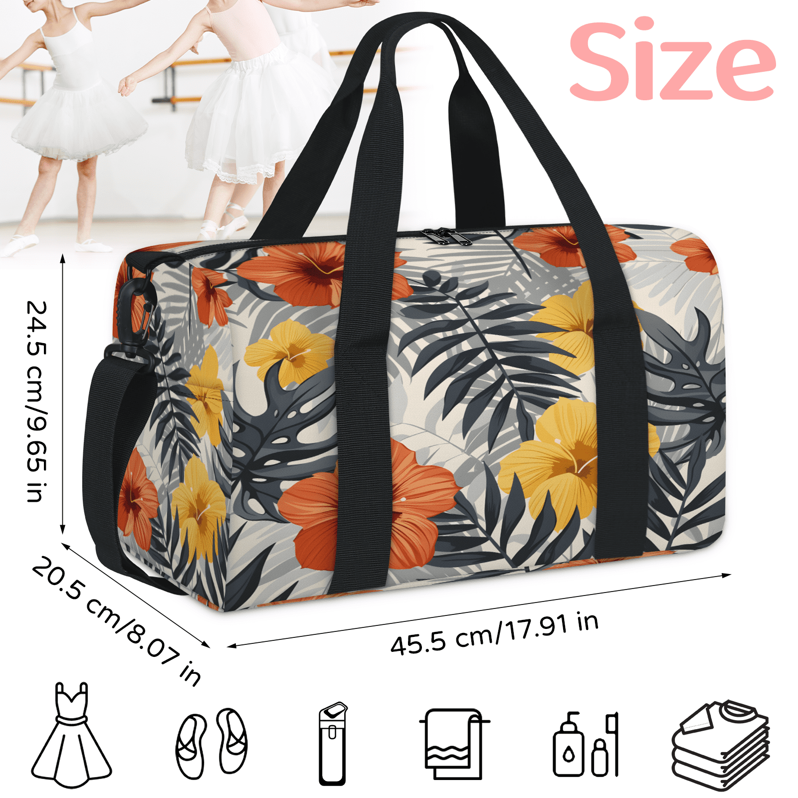 Herdesigns Tropical Leaves Flower Gym Bag for Women, Duffle Bag for Travel Sport, Floral Lightweight Waterproof Carry on Weekender Dance Yoga Workout Bags