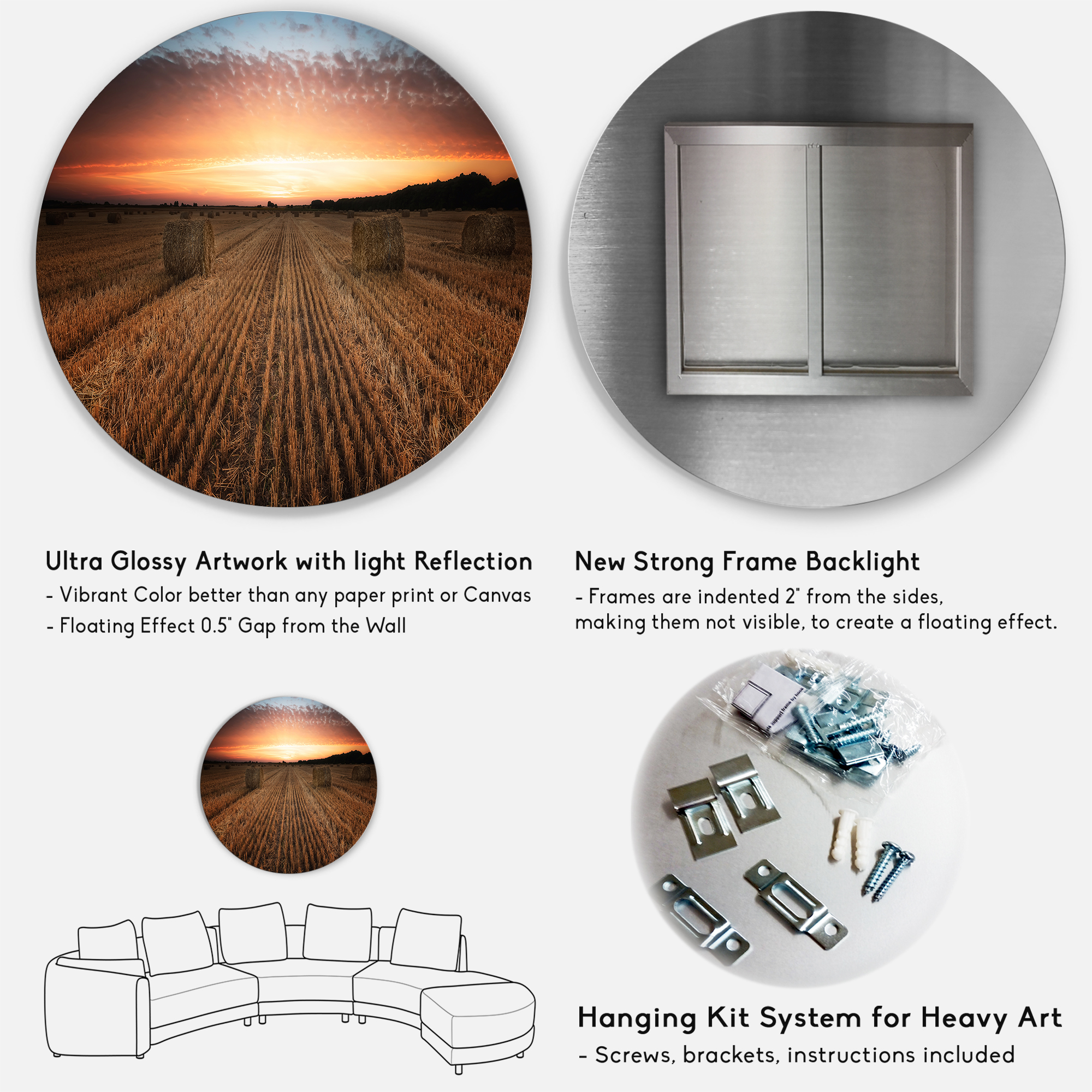 Designart 'A Field Full of Hay Bales At Sunset Landscape' Farmhouse Circle Metal Wall Art 11x11 - Disc of 11