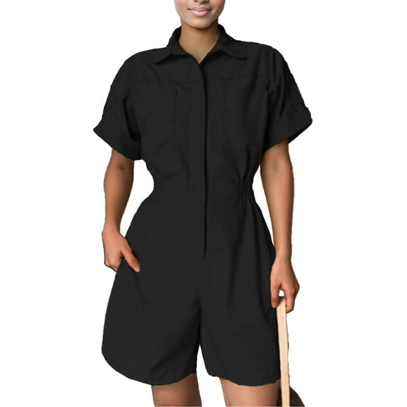 Summer Boho Overalls for Women 2025 Elastic Waist Short Sleeves Cuffed Wide Leg with Lapel Solid Color Waistband Rompers Jumpers with Pockets