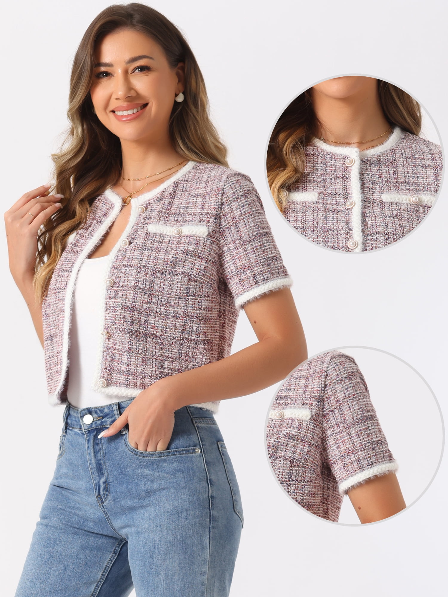 DARING DIVA Women's Short Sleeve Tweed Jacket Crew Neck Button Front Cropped Cardigan XL Pink