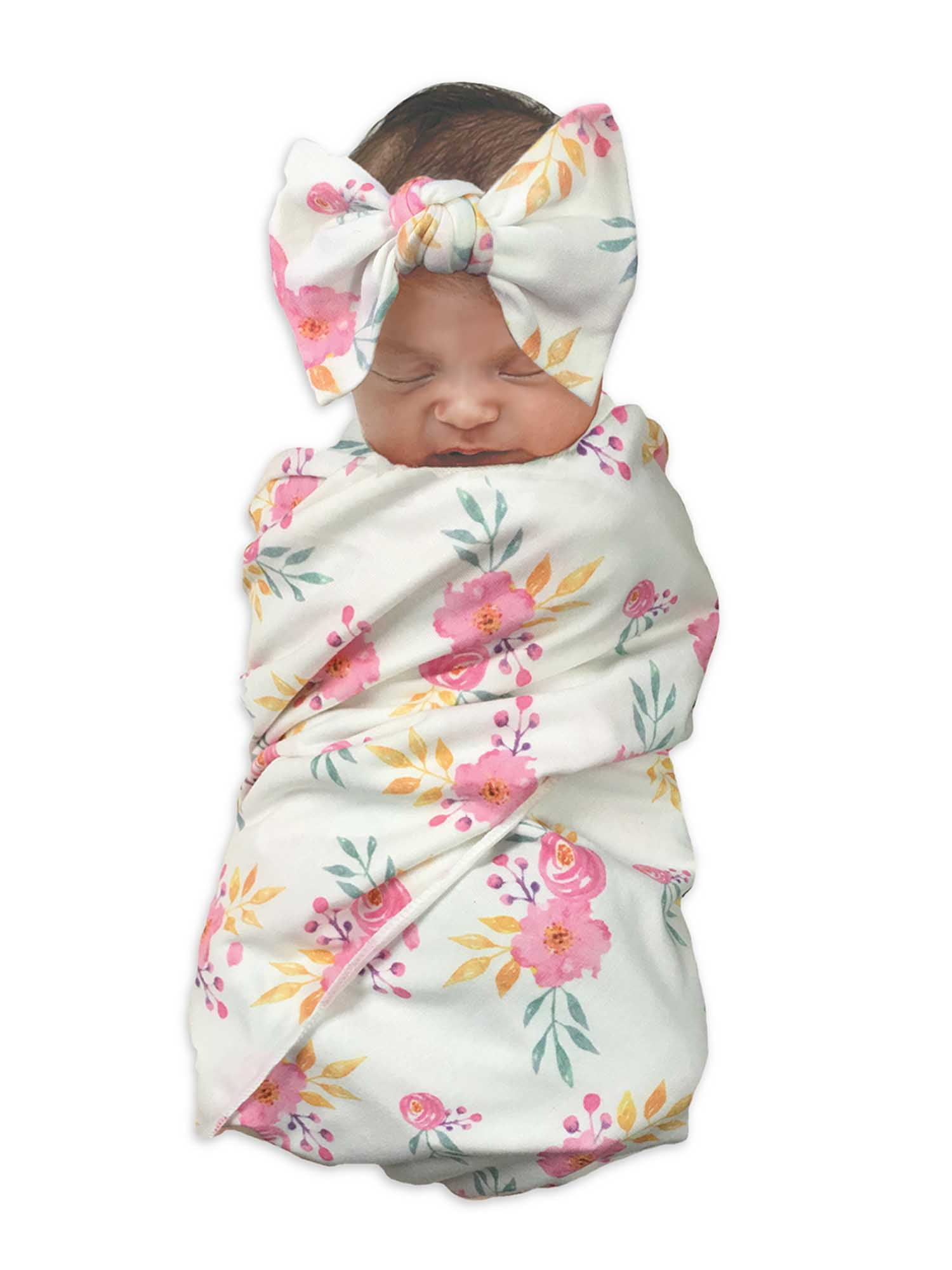 Wonder Nation Baby Girls Swaddle Wrap and Bow Headband Set, 2 Pc Baby