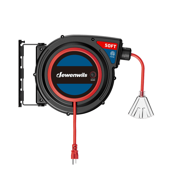 DEWENWILS 14/3 AWG SJTOW Red Automatic Retractable Extension Cord Reel with Overload Protection & Illuminated End - 50ft Output, ETL Certified