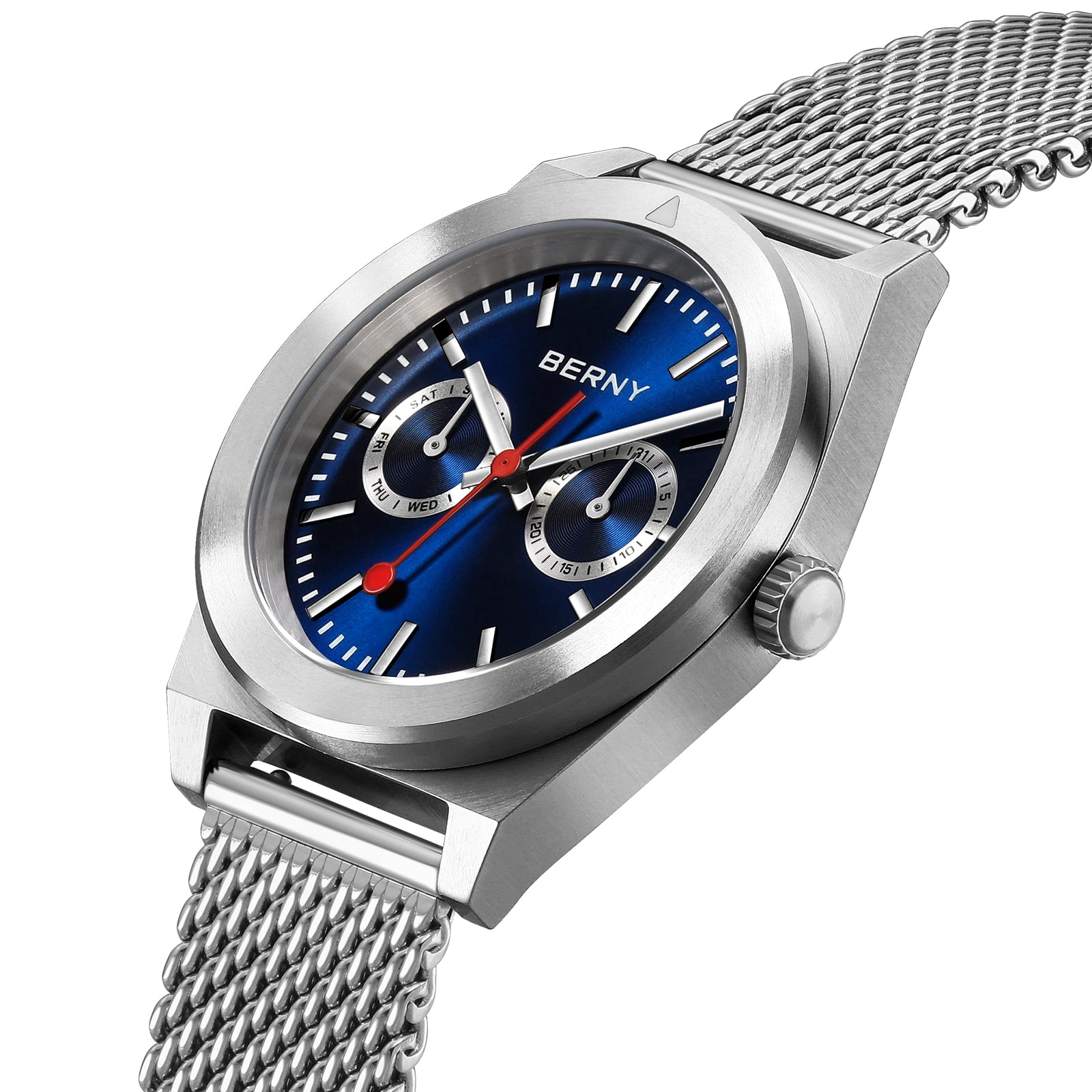 BERNY Silver Watch for Men, Classic Vintage Quartz Analog Watch with Day & Date Calendar, Stainless Steel Mesh Band, Luminous, Waterproof, Fashion Sport Casual Men's Wrist Watches (Blue)