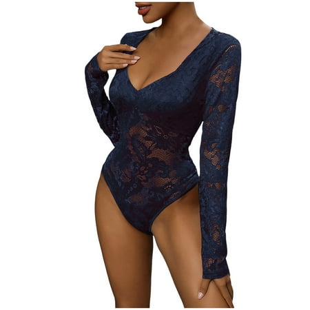 ZHAGHMIN Ribbed Romper Long Sleeve Shapewear Bodysuit Lace Corset V Neck Tummy Control Backless Tank Tops Body Suit Thongs Navy SizeXL