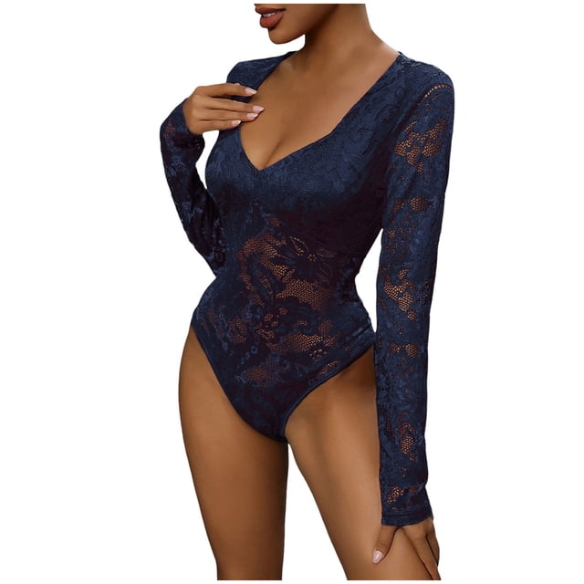 2DXuixsh Women Jumpsuit Women's Solid Color Mesh Stitching Lace Pattern Slim Fit Thin Texture All Purpose Inner Jumpsuit Navy Size L