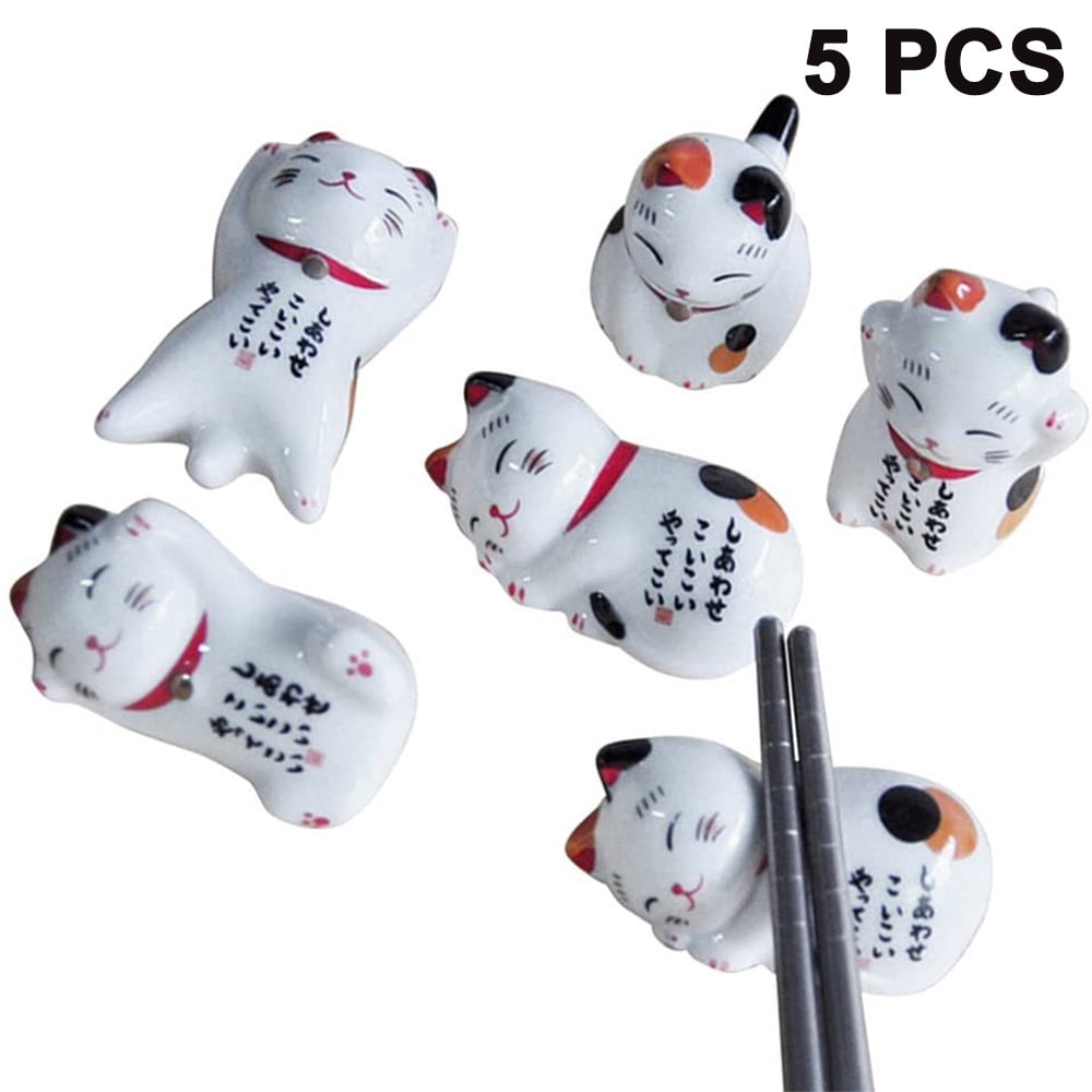 5Pcs Japanese Lucky Cat Ceramic Chopstick Holder Spoon Rest Rack Tableware Decor 