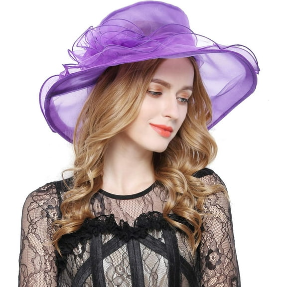 LinYooLi Organza Hats for Women, Fascinator Church Tea Party Wedding Hats, Wide Brim Sun Hat with Flower