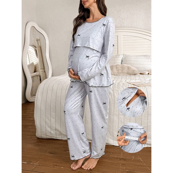 Multicolor Polka Dot Bow Print Nursing-Friendly Crew Neck Long Sleeve Top And Pants Maternity Pajama Set