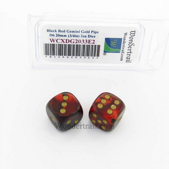 Black and Red Gemini Dice with Gold Pips 20mm (3/4in) D6 Pack of 2 Wondertrail
