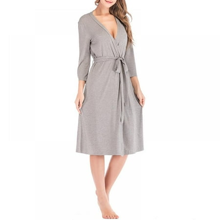 

Clearance Women 3 / 4 Sleeve Kimono Robes Cotton Long Robe Knit Bathrobe Soft Sleepwear V-Neck Ladies Loungewear S-2XL