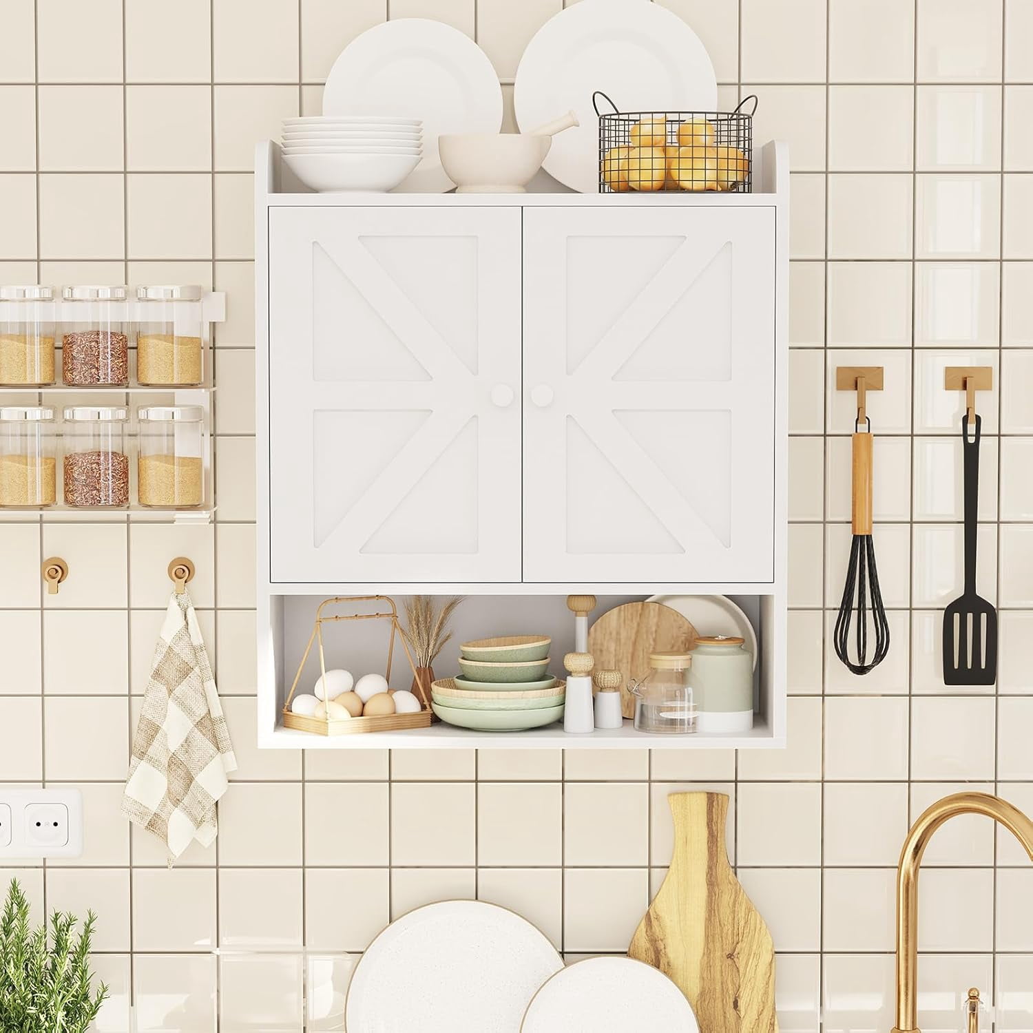POAO Bathroom Wall Storage Cabinet, Wooden Medicine Cabinet with Adjustable Shelves and Double Barn Doors, Over The Toilet Storage Cabinet,White