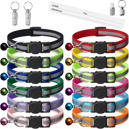 GASTROPOD 12 Pack Reflective-Breakaway Cat Collars with Bells Safety Buckle Kitten Collar with Name Tag Adjustable Ideal for Girl Cats Male Cats Pet Supplies Accessories (12 Colors; 2 ID Tags)