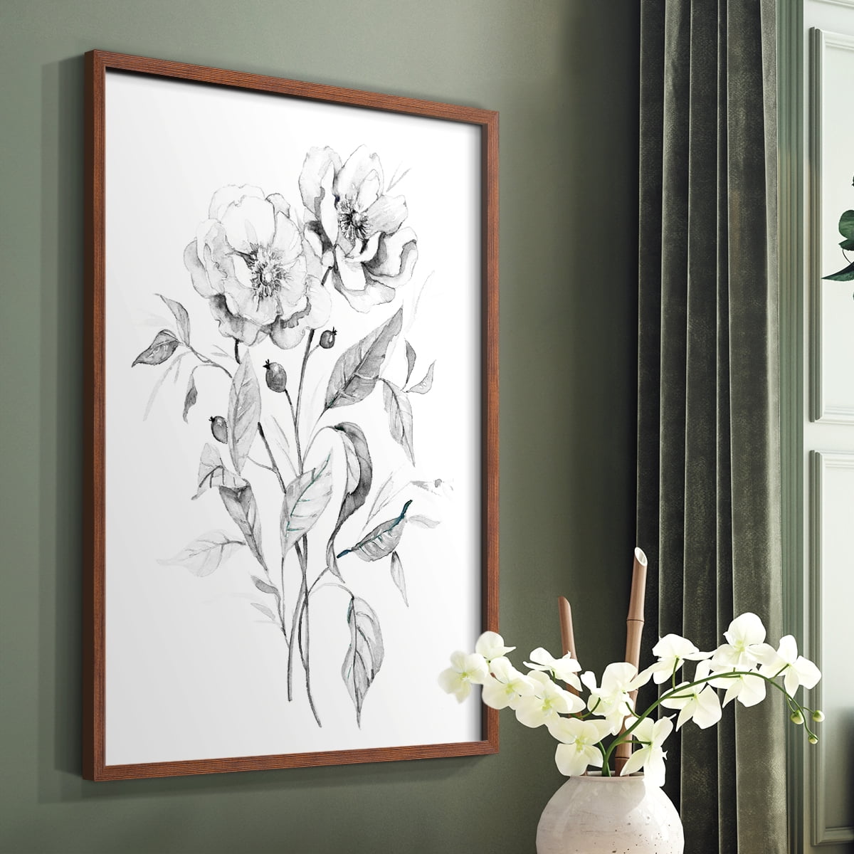 Wild Roses Sketch Framed Print in Brown Solid Wood 8 x 10 Framed Print