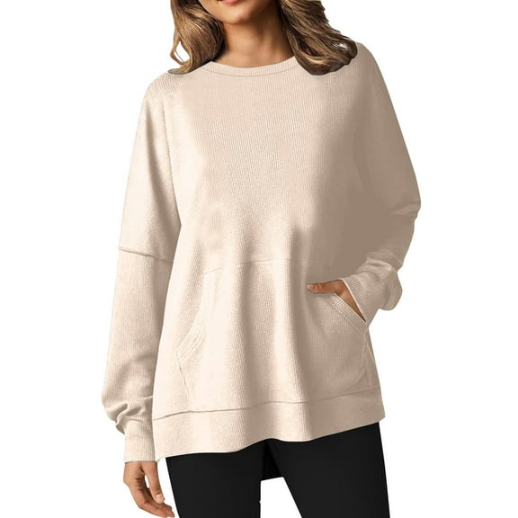 Annhoo Crewneck Sweatshirts Women Casual Long Sleeve Fall Pullover Shirts Solid Color Loose Blouses with Pockets