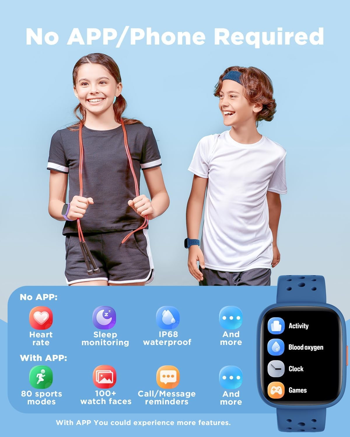 BIGGERFIVE Smart Watch for Kids No APP No Phone Needed, 1.8" Fitness Tracker Watch Pedometer, Sleep Monitor, IP68 Waterproof, Step Counter, Puzzle Games for Girls Boys Teens 5-16, Blue