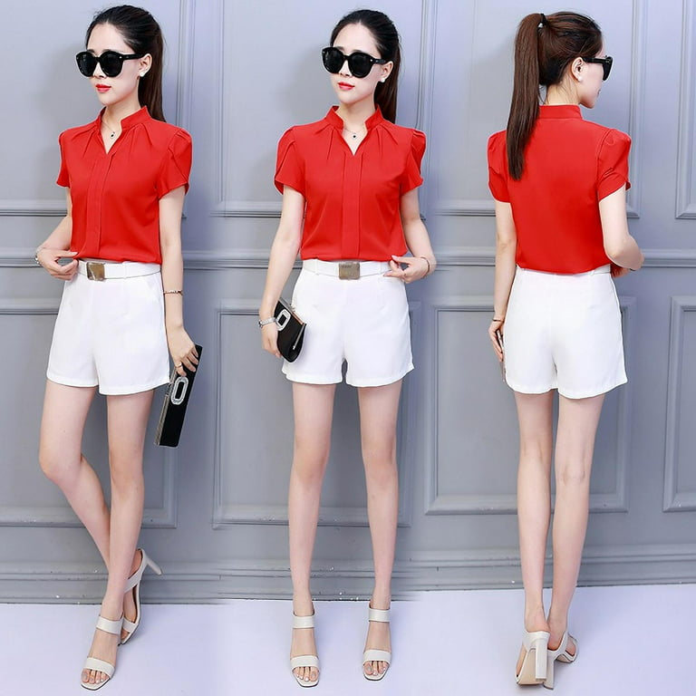 Women's White Shirt Female Short Sleeve Shirt Fashion Leisure Chiffon  Office Blouse Tops