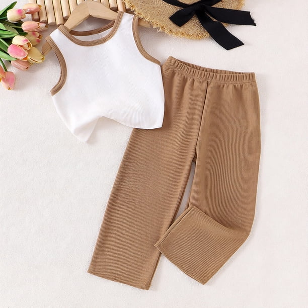 Conjuntos de camiseta sin mangas de cuello redondo para niños, chaleco sin mangas de color sólido de verano y pantalones largos, conjunto de dos piezas para niñas, top de poliéster