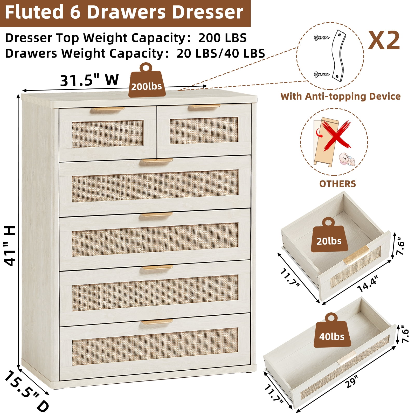 6 Rattan Drawer Dresser, Rustic White Dressers for Bedroom with Chest of Drawers, Wooden Cabinet for Bedroom, Living Room, Entryway