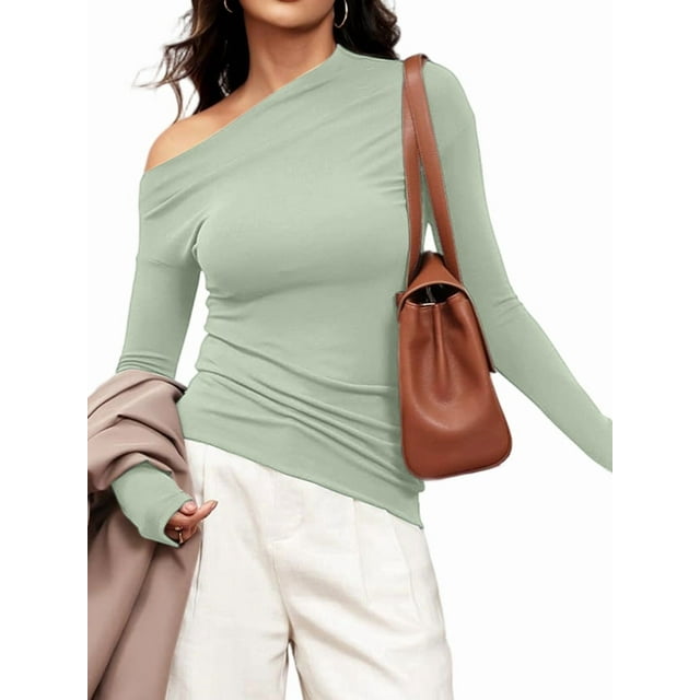 Women'S Off Shoulder Tops Dressy Long Sleeve Asymmetrical Slim Fit Going Out Fall Blouse Ruched Shirts Light Green L