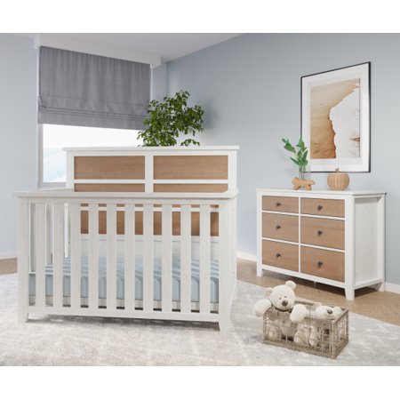 Child Craft Ocean Grove Crib and Dresser Nursery Set, 2-Piece, Includes 4-in-1 Convertible Crib and 6-Drawer Dresser, Grows with Your Baby (White/Brown)