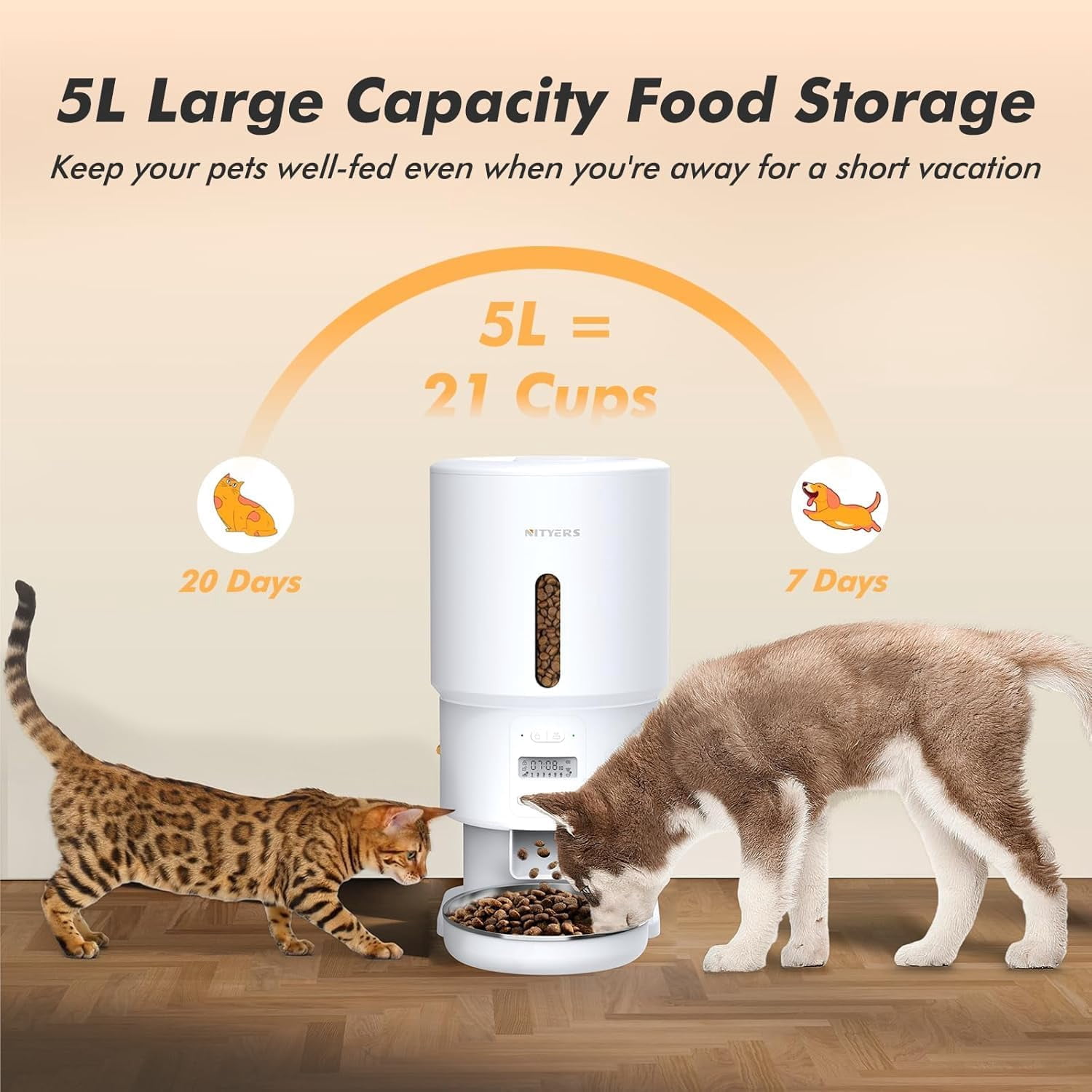 Automatic Cat Feeder - 5L Anti-Clog Dispenser with Voice Recording, Dual Power & Stainless Steel Bowl for Cats and Dogs