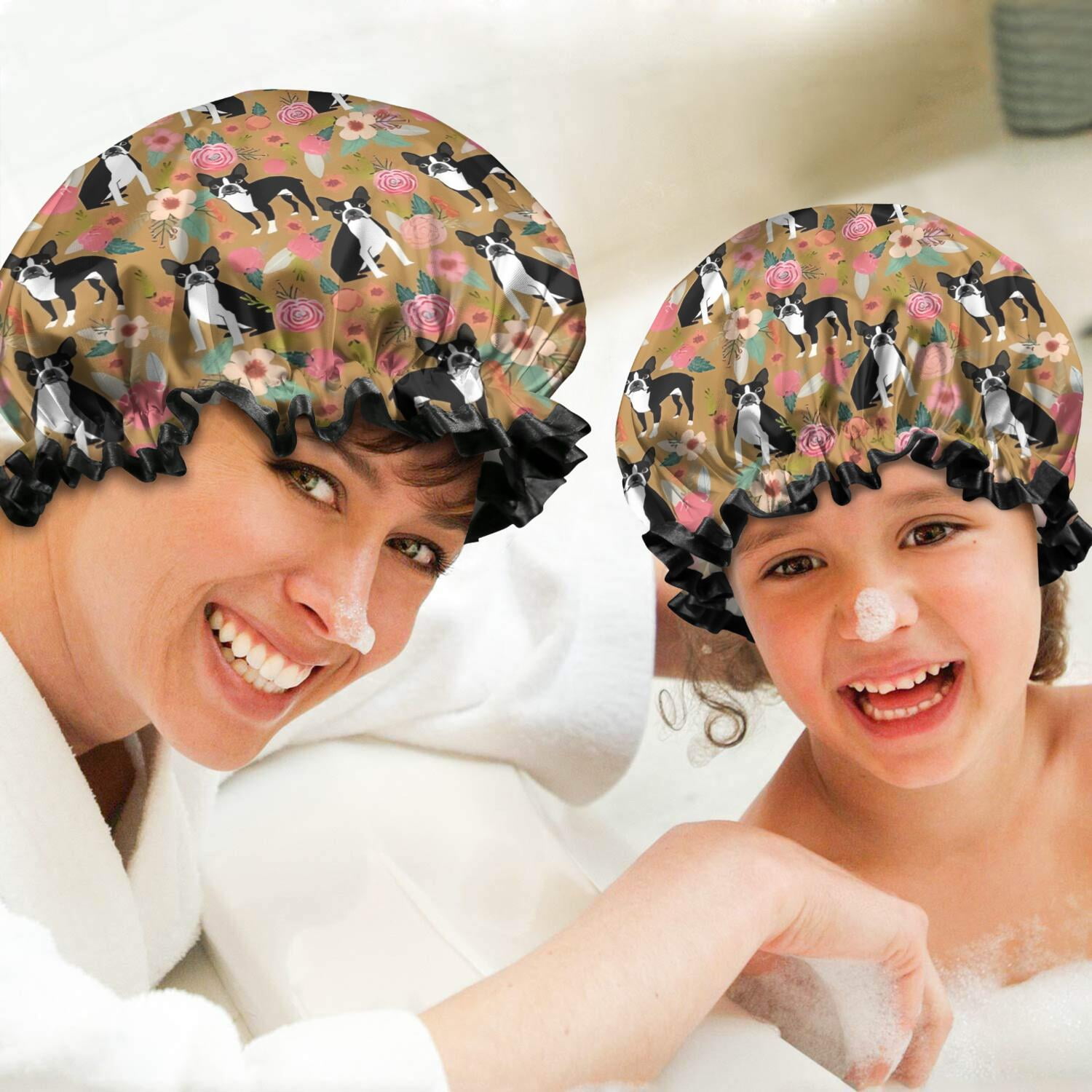 Shower Caps,Boston Terrier and Flower Waterproof Shower Cap for Women 4 Pieces,Double Reusable Hair Cover for Shower PEVA Elastic Stretch Hem