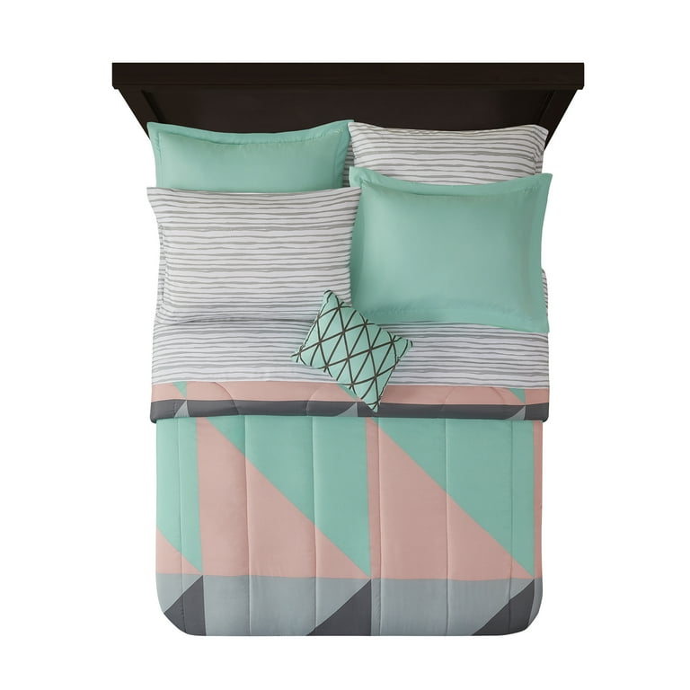 Mainstays Gray and Teal Geometric 8 Piece Bed in a Bag Comforter