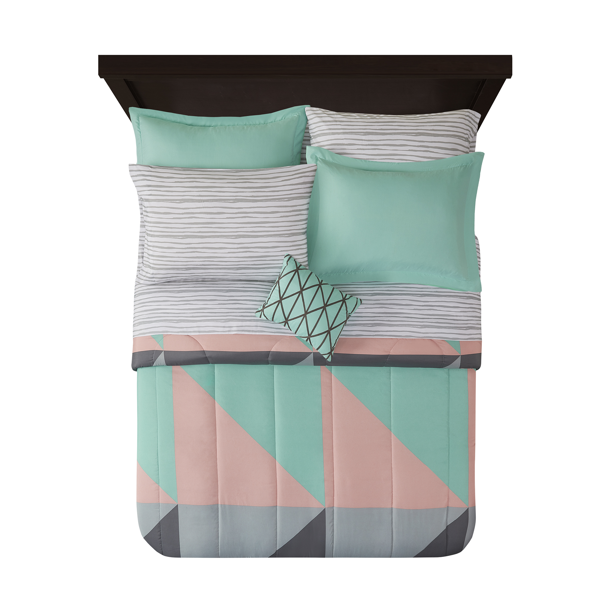 Mainstays Gray and Teal Geometric 8 Piece Bed in a Bag Comforter Set With Sheets, Queen - image 2 of 8