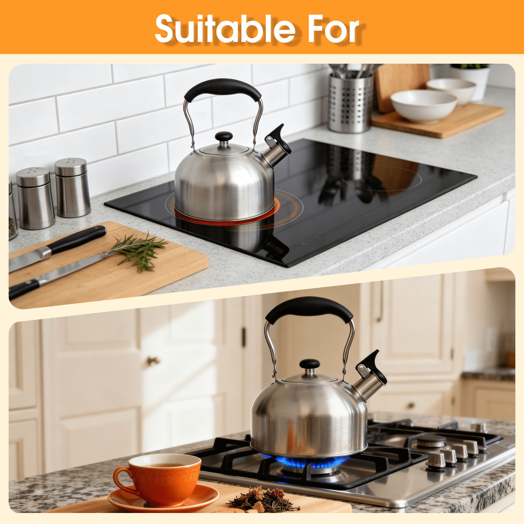 2L Stainless Steel Whistling Tea Kettle, Stovetop Water Kettle with Heat Resistant Handle, Dust-Proof Spout Stove Top Teapot for Gas & Induction Cooktops