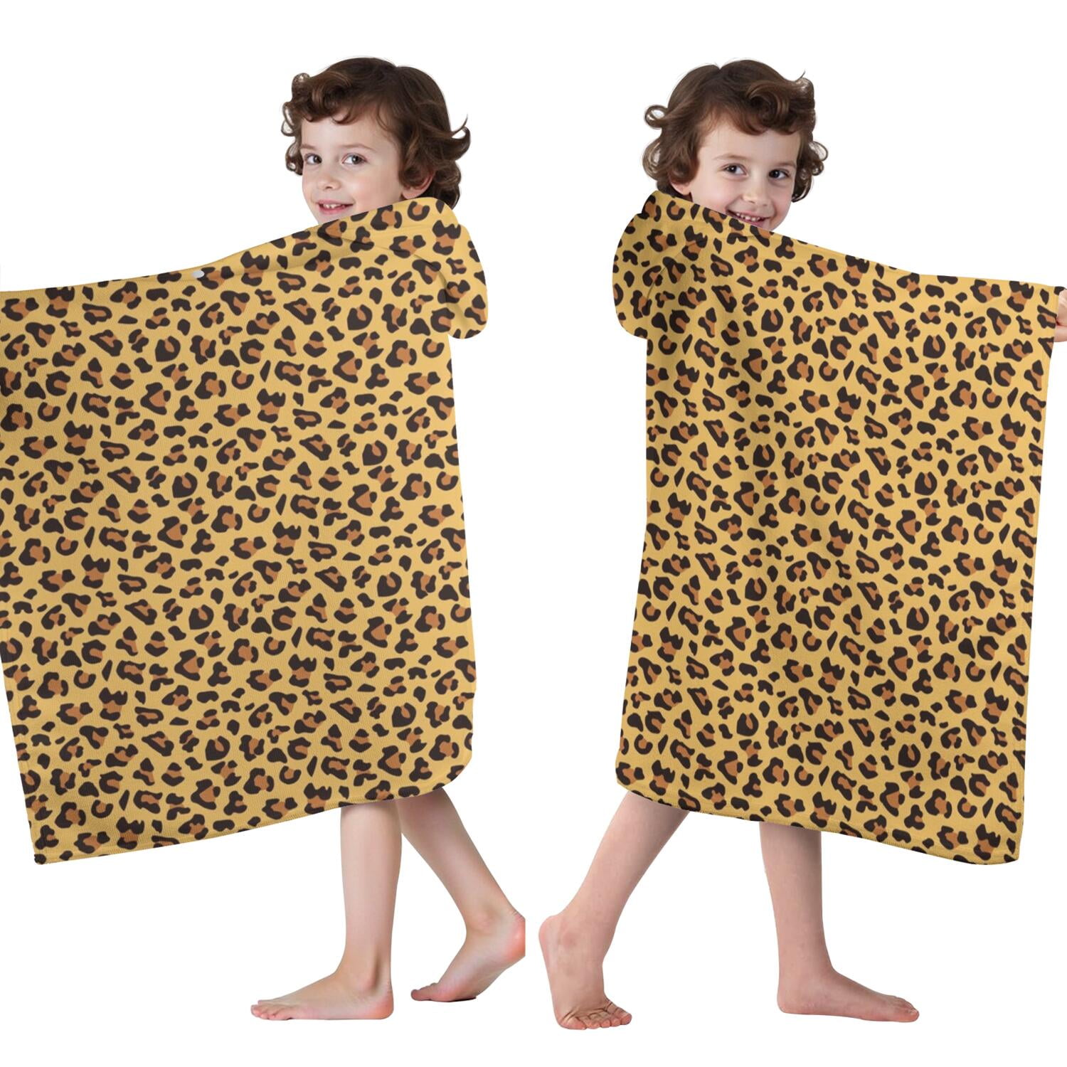 Yellow and Brown Of Cheetah Print Hooded Bath Towel，50"x30" for Ages 3 To 12 Kids, Quick Dry Lightweight Soft Microfiber Hood Beach Towel Cover Up for Kids