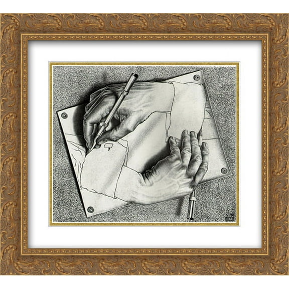M.C. Escher 2x Matted 22x20 Gold Ornate Framed Art Print 'Drawing Hands'