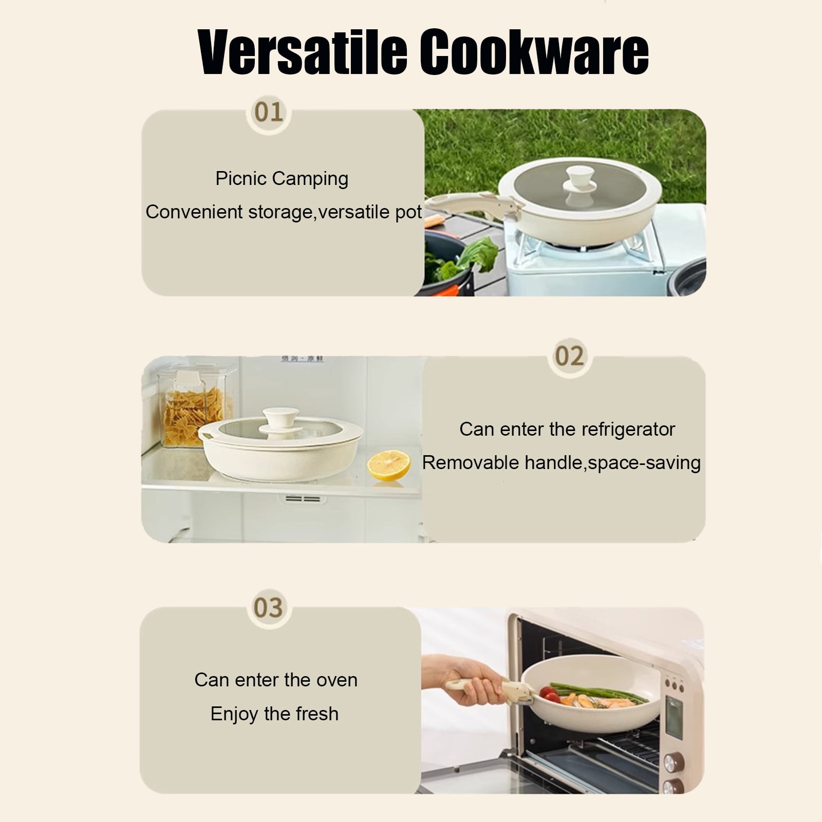 Jozram 17 PCS Ceramic Pots and Pans Set Non Stick, Cookware Set with Detachable Handle, Oven Safe, Induction Ready, Stackable RV Kitchen Cooking Set Removable Handles, Cream White