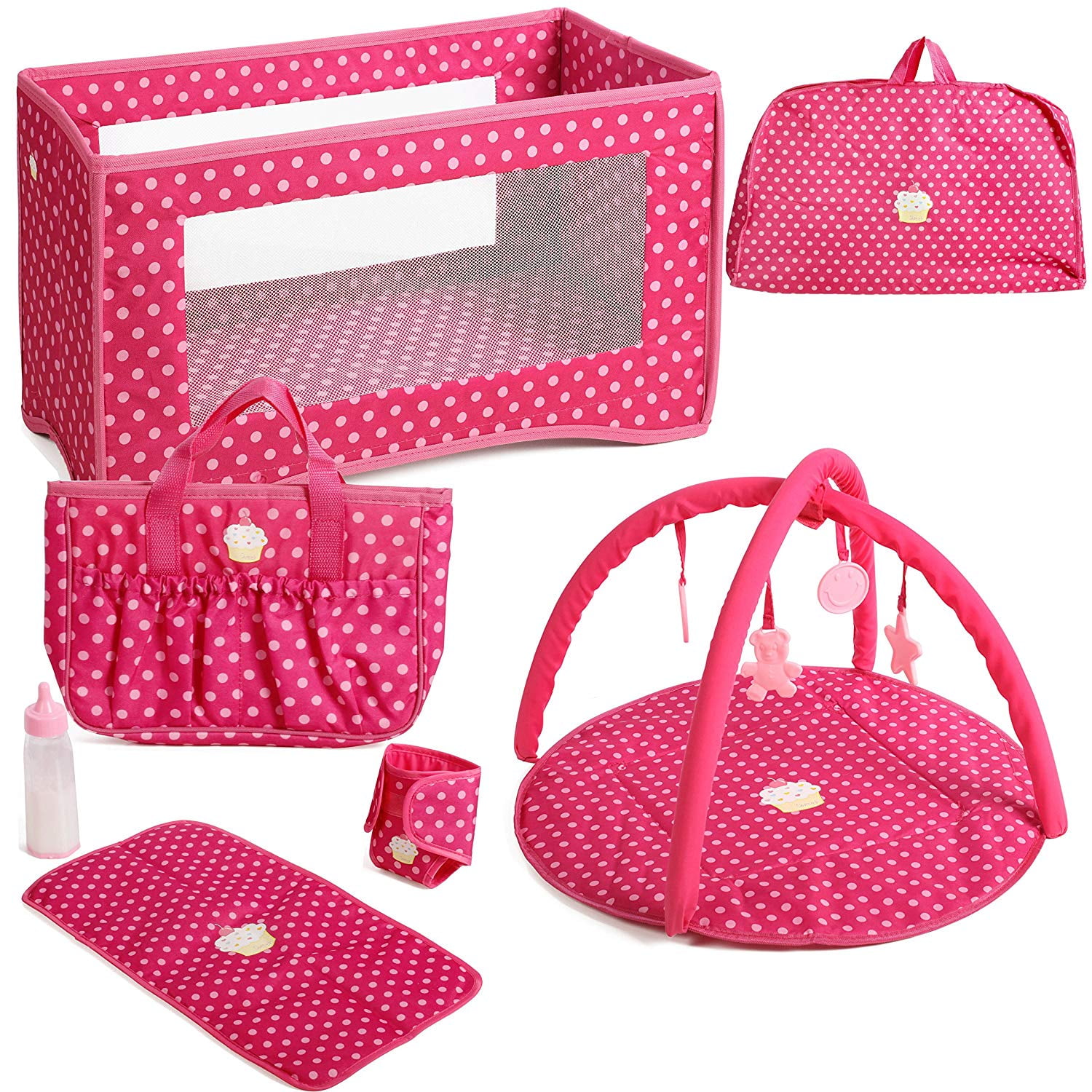 Photo 1 of Beverly Hills 7 Piece 18 Doll Foldable Play Set Gymini, Crib, Diaper Bag Plus More