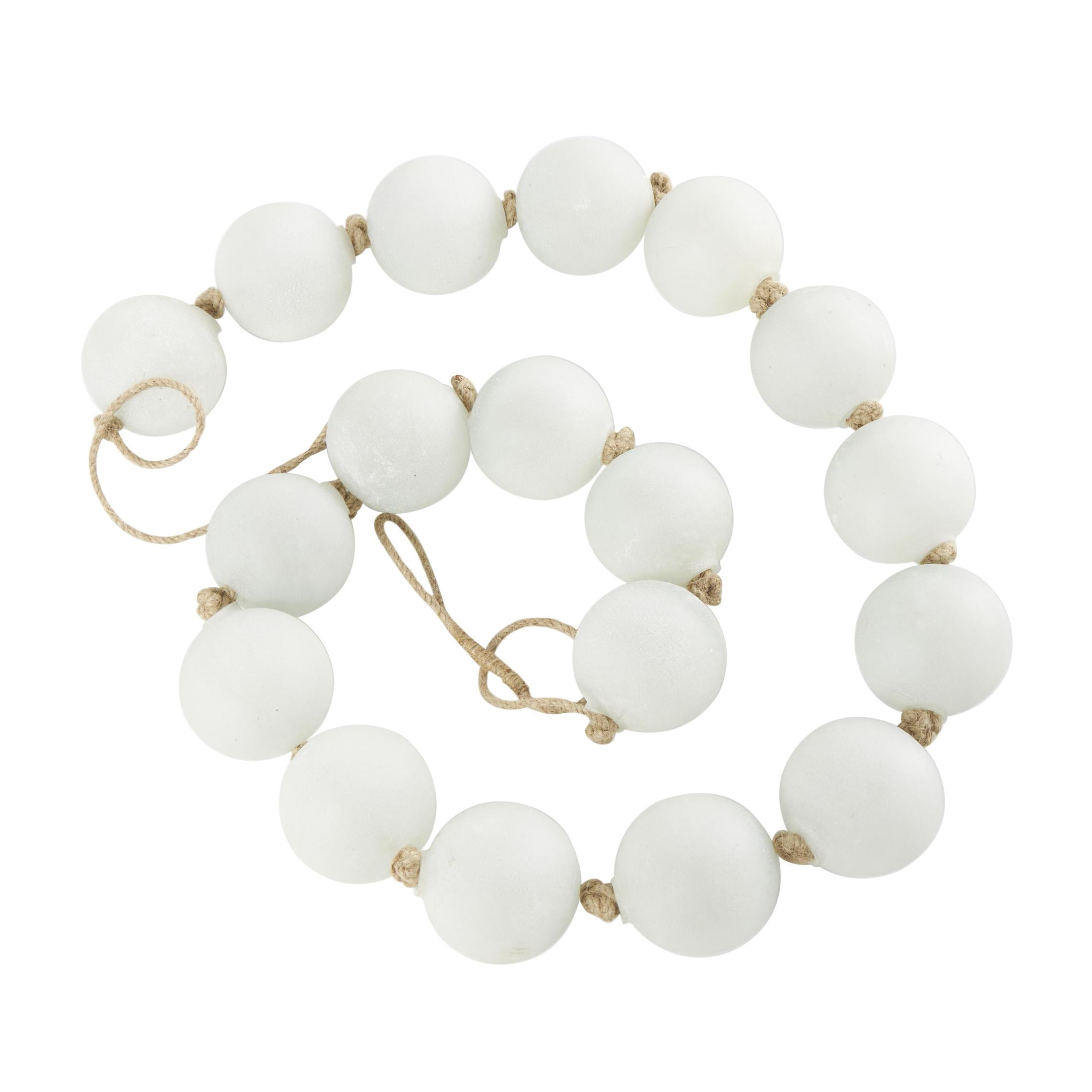 DecMode Handmade Round Extra Long Frosted Orb White Glass Garland with Tassel with Knotted Jute Rope