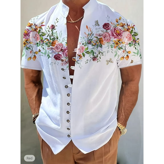 Men's Creative Floral 3D Printed Shirt Retro Stand Collar Loose Plus Size Shirt White Floral L