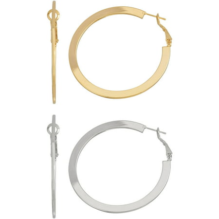 X & O Gold-Tone and Silver-Tone Shiny Flat Hoop Earring Set, Size 50mm, 2 Pairs