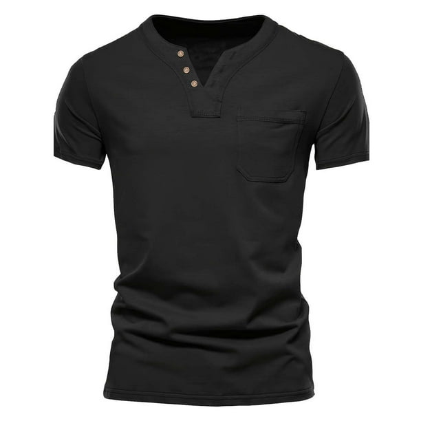 pstuiky Camisas casuales de manga corta para hombre, Camiseta de cuello en V con botones y bolsillo versátil de color liso para hombre ropa de hombre xxxl