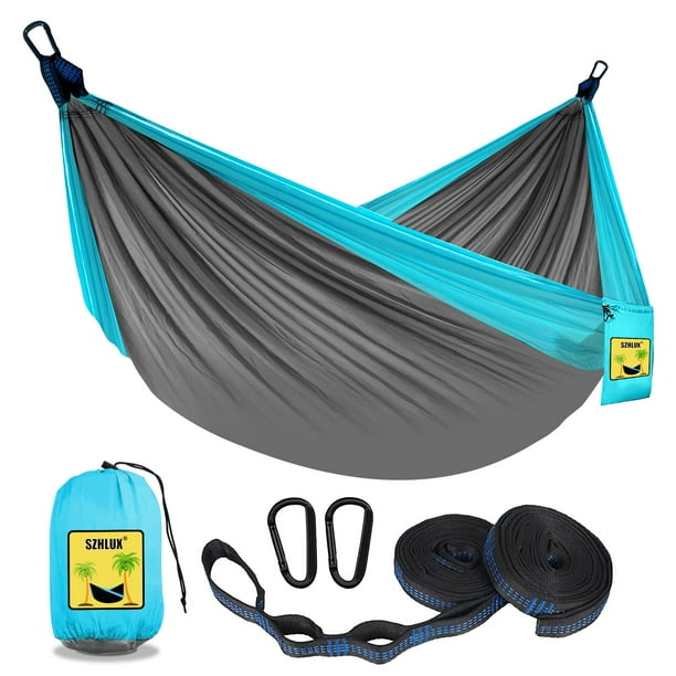 SZHLUX Hamaca para Acampar Hamacas portátiles Dobles e Individuales con 2 Correas para árboles y Bolsa de Transporte Adjunta, Ideal para Exteriores, Interiores, Playa, Camping, Gris Claro/Azul Cielo