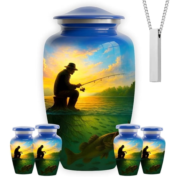 Set Of 6 Fishing Urn Decorative Cremation Urns For Ashes Adult Male & Female Including 1 Large Urn With 4 Small Keepsakes & 1 Necklace For Human Ashes