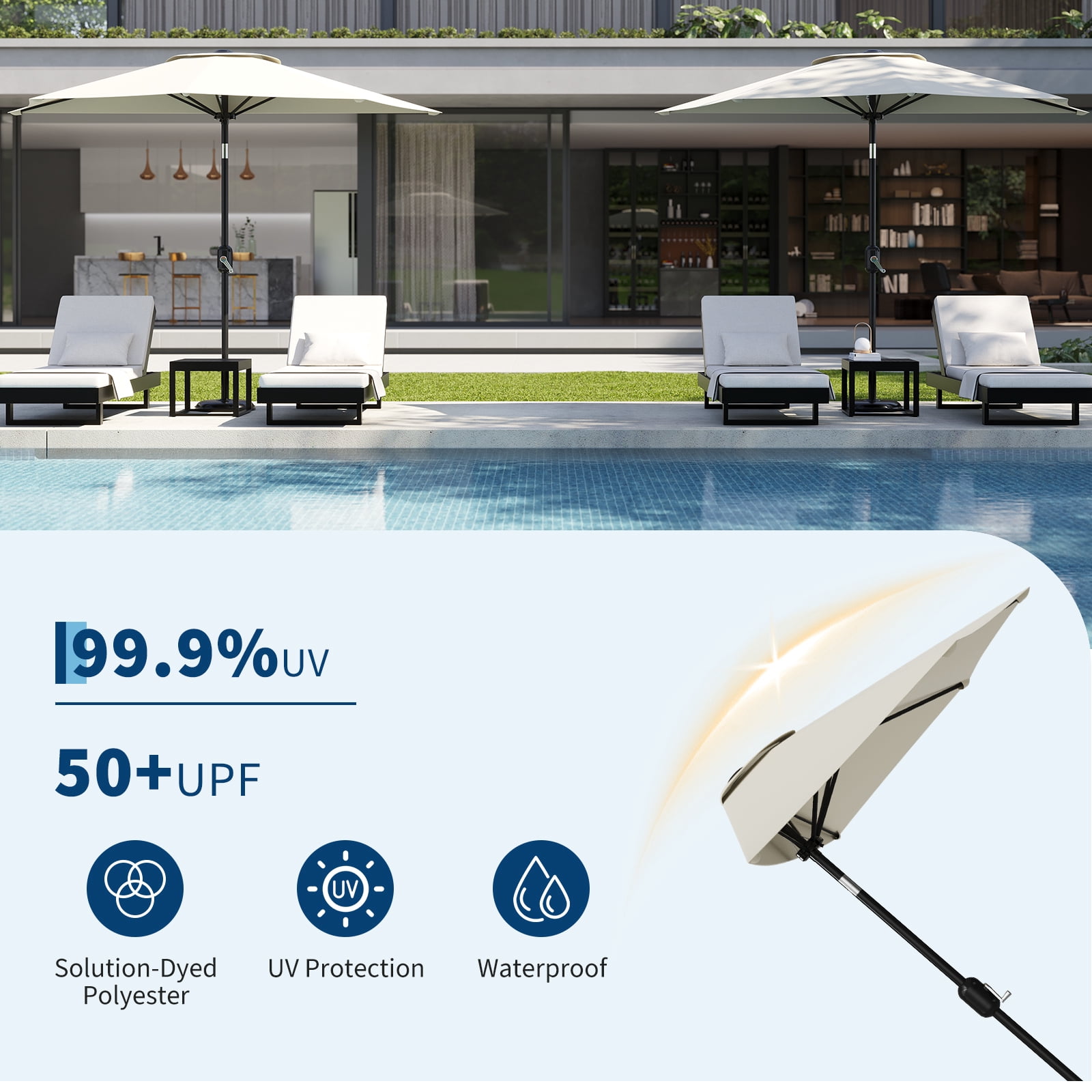 GOGRANT 9ft Beige Half-Round Market Patio Umbrella, with Crank, UV Protection